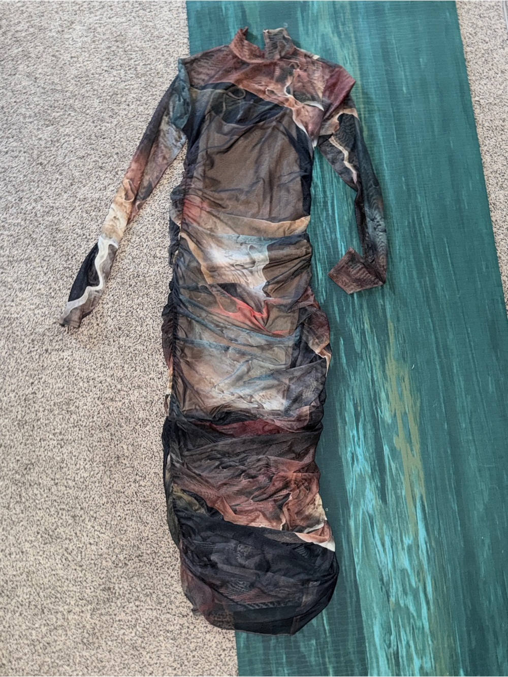 Fashion Nova Long-Sleeve Ruched Sheer Mesh Dress in Black and Multicolor Swirl